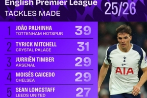 本賽季英超搶斷榜：帕利尼亞壓米切爾居首，廷伯、凱塞多列前四